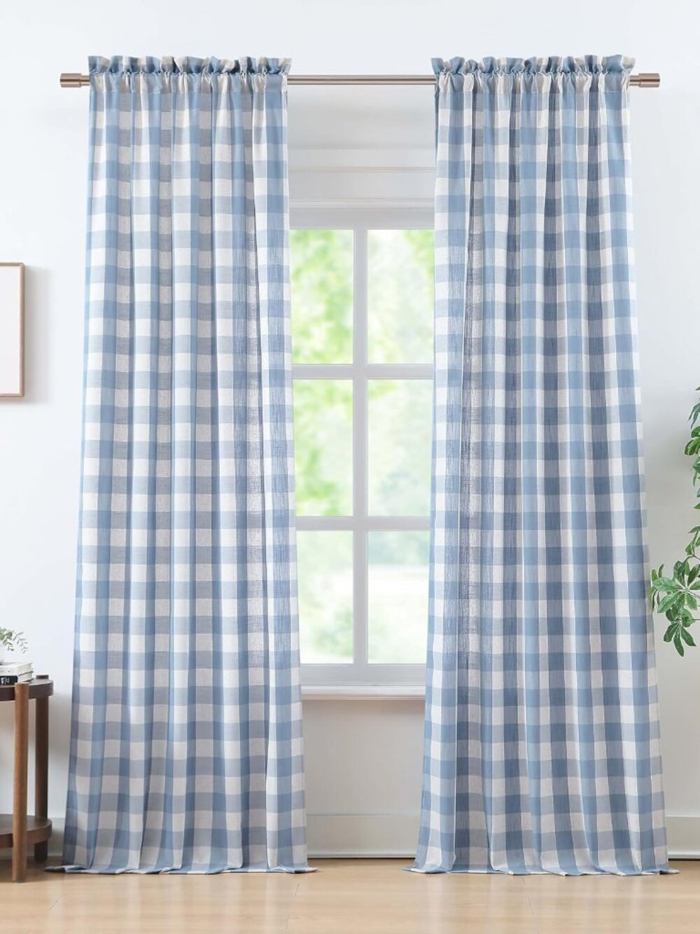 Beige-Dusty Blue Buffalo Plaid Semi Sheer Curtains 84 Inches Long